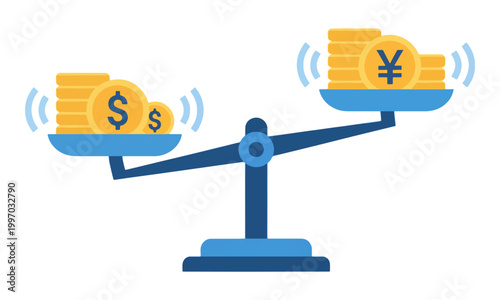 Currency Exchange Scale Weighing Dollar and Yen Coins Illustration