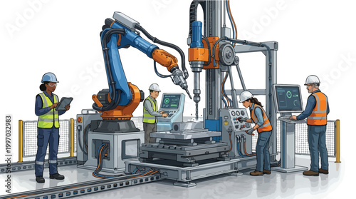 Automated Manufacturing Facility with Industrial Robots and Skilled Workers Operating Advanced Machinery for Precision Engineering