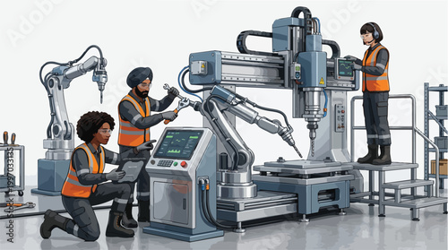 Diverse Team of Industrial Workers Operating Advanced Robotic Arms and CNC Machinery in a Modern Manufacturing Facility