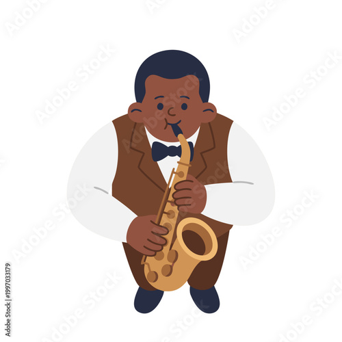 Cartoon Man Playing Saxophone Jazz Music.
