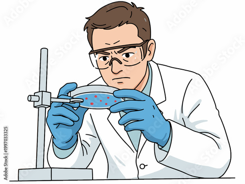 Scientist Examining Petri Dish in Laboratory Illustration
