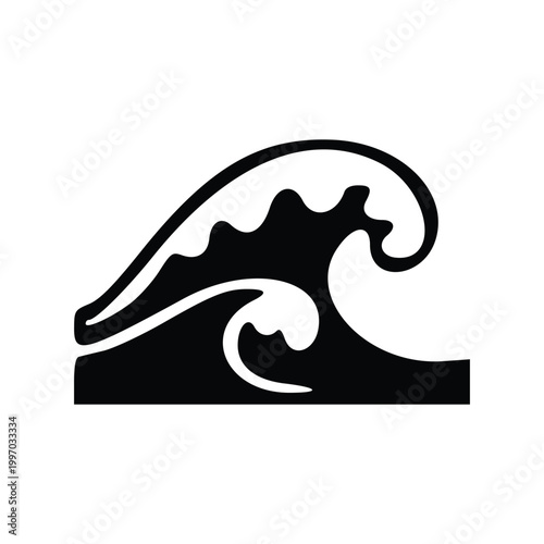 A stylized black and white graphic illustration of a breaking ocean wave.