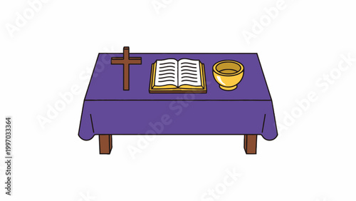 Christian Altar with Holy Bible Cross and Golden Chalice on Purple