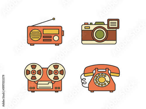 Retro icons of vintage radio camera tape recorder and telephone