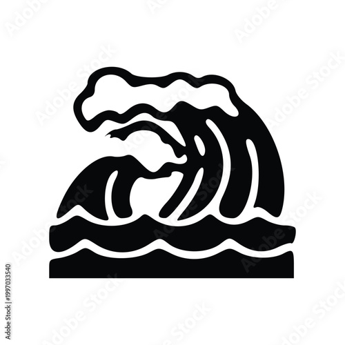 Stylized black and white graphic illustration of a powerful ocean wave with a breaking crest.