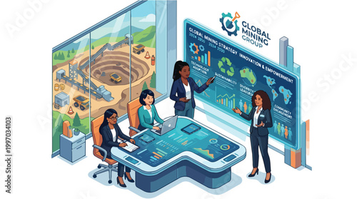 Diverse Team of Professionals Collaborating on Global Mining Strategy Innovation and Empowerment in a Modern Office with Mining Operations View