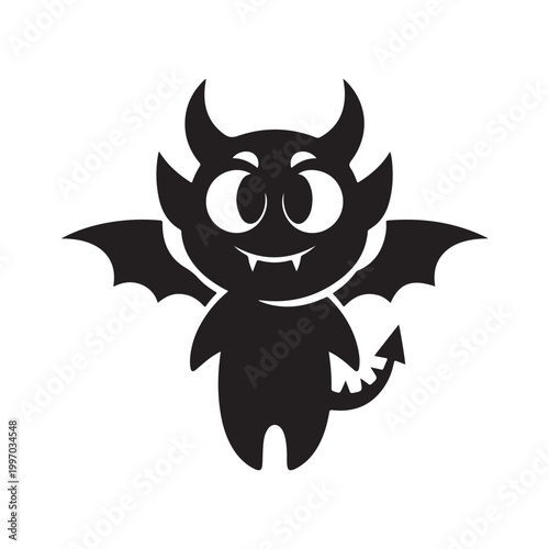 Cute little devil silhouette with wings and horns vector illustration isolated on white background