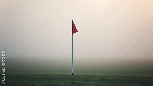 Single golf flagstick in morning fog with triangular flag moving on dewy grass.
