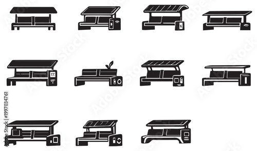 Set of minimalist bus stop icons with shelter and bench, public transport station vector symbols isolated on a white background.