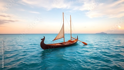 Traditional Polynesian canoe sailing on calm turquoise ocean, outrigger visible.