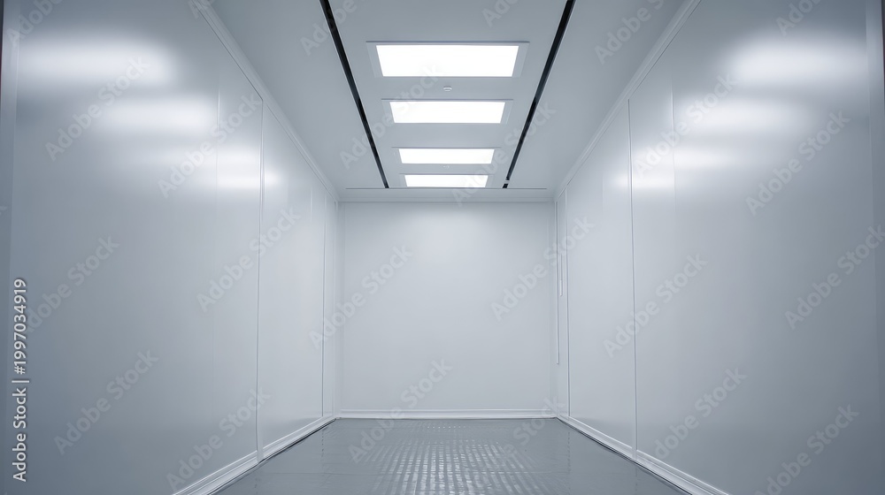 Fototapeta premium Empty sterile cleanroom corridor with bright ceiling lights