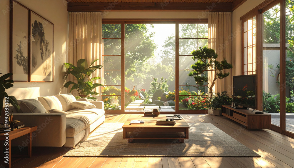Fototapeta premium Sunlit Modern Living Room with Large Garden Windows.