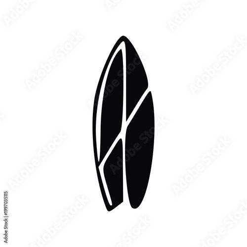 A minimalist black and white illustration of a stylized surfboard with the letter A integrated into its design.