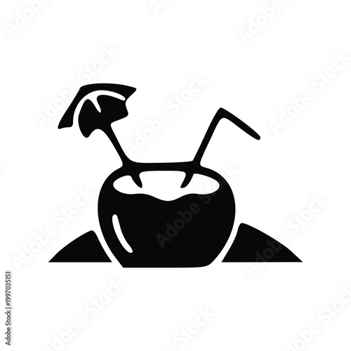 A black and white silhouette of a coconut drink with a straw and umbrella.