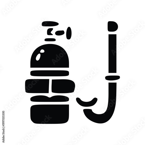 A black and white illustration of a scuba diving tank and snorkel.