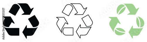 Environmental recycle icon collection, eco-friendly and sustainability symbols in black and white line art style, simple vector sketches for green energy and ecology themes.