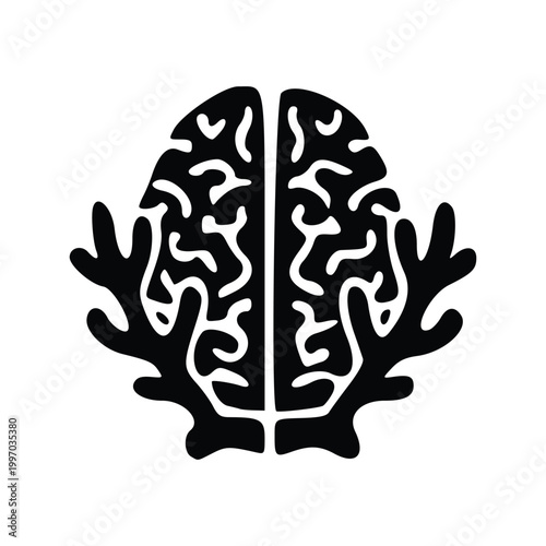 Stylized black and white illustration of a human brain with coral-like structures extending from its sides.