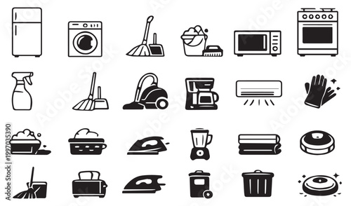 Household Appliances and Cleaning Tools Icon Set - Vector Illustrations of Home Equipment, Kitchen Electronics, and Cleaning Supplies