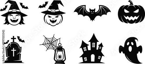 "Black and white Halloween icon set featuring witch face, jack‑o’‑lantern, bats, haunted house, gravestone, spider web, ghost, and spooky design"