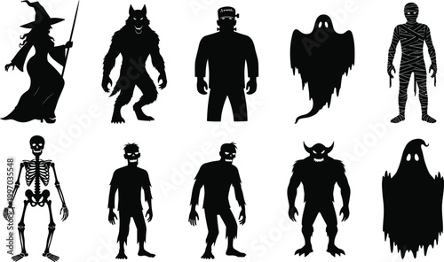 "Black silhouettes of classic Halloween monsters including witch, werewolf, Frankenstein, ghost, mummy, skeleton, zombie, demon, and spooky figures"