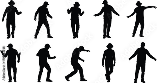 "Black silhouettes of people in dynamic dance poses with expressive arms, flexible stances, energetic motion, balance movements, and artistic design"