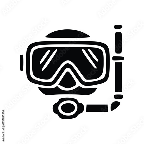 A black and white illustration of a diving mask and snorkel, a common piece of scuba diving equipment.