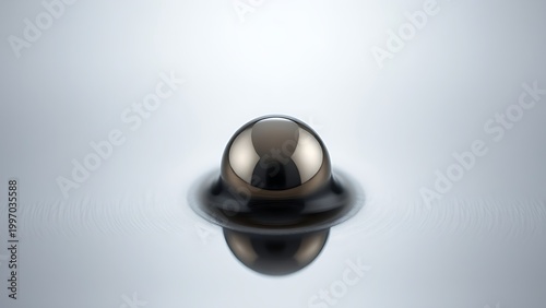 Single droplet of mercury solidifying into a sphere on dark metal.