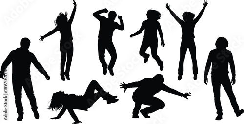 "Dynamic black silhouettes of people jumping, dancing, and moving energetically with expressive poses, extended arms, legs, and vibrant motion design"