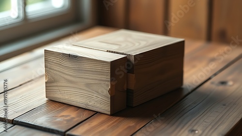 Weathered wooden blocks with dovetail joints interlocked on a rustic table.