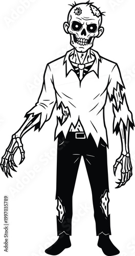 "Black and white zombie illustration with skeletal face, torn clothing, eerie upright posture, bony hands, and spooky Halloween horror design"