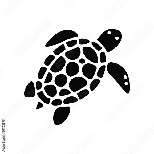 A simple black silhouette of a sea turtle swimming against a white background.
