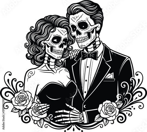 "Romantic skeleton couple illustration in formal attire with roses, gothic floral frame, affectionate pose, and spooky Day of the Dead design"
