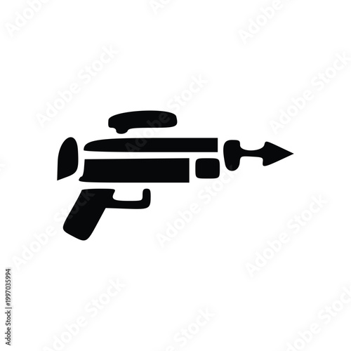 A black silhouette of a retro-futuristic ray gun with a pointed barrel.