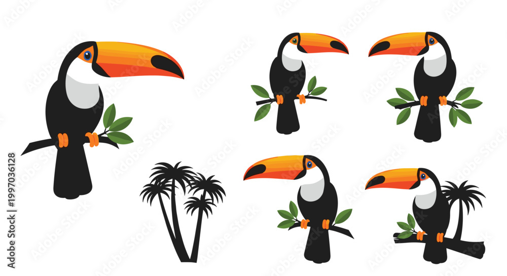 Fototapeta premium Collection of toucans perched on branches with tropical palm trees in the background