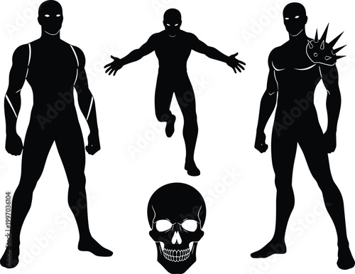 "Dark silhouette figures with skull illustration, dynamic poses, gothic symbolism, eerie shadow artwork, and dramatic high‑contrast design"