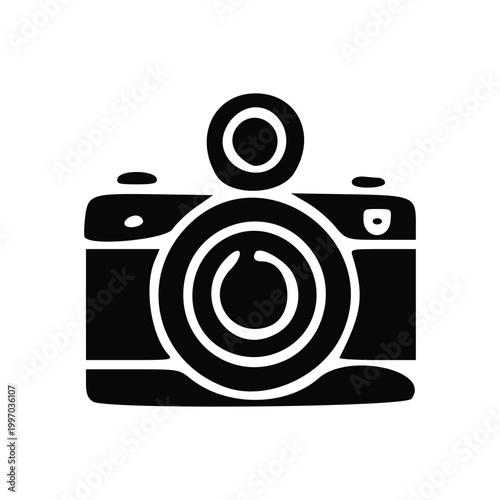 A stylized black and white graphic illustration of a compact digital camera with a pop-up flash.