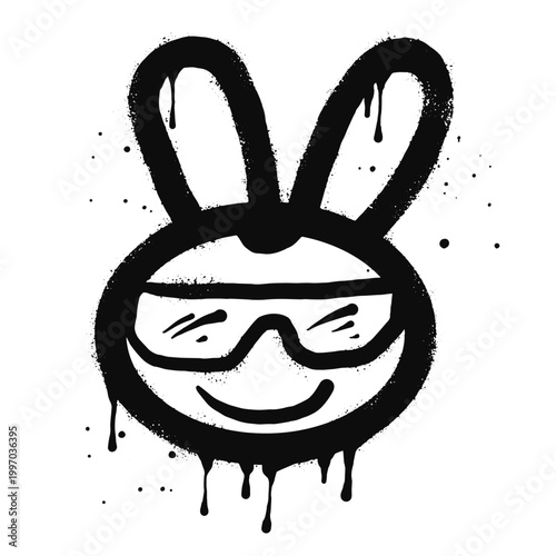 Smiling face emoji rabbit character with eyeglasses. Spray painted graffiti smile face rabbit in black over white. isolated on white background