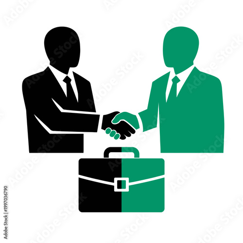 Duotone vector flat design featuring a faceless businessman silhouette shaking hands over a briefcase, emphasizing partnership