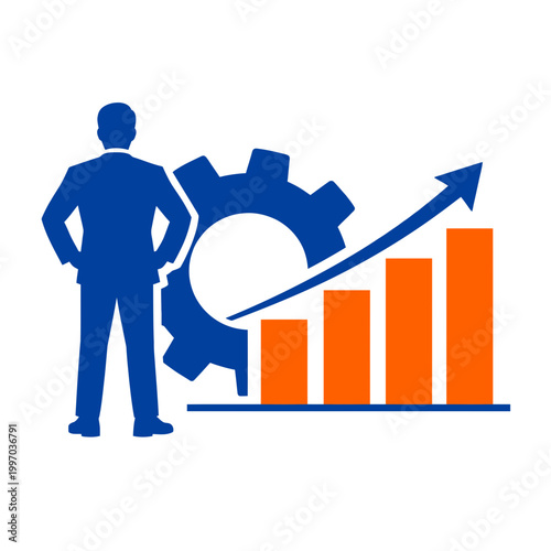 Minimalist 2D illustration of a faceless professional silhouette standing beside a giant gear and bar chart, representing business growth