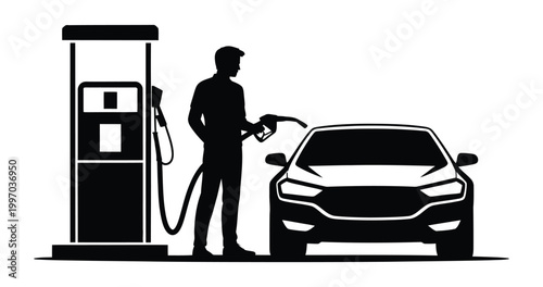Car silhouette illustration of man refueling at gas station