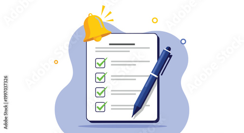 Clipboard with a checklist and a pen features a notification bell representing a schedule of daily tasks and reminders.
