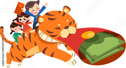 Kids Riding on Tiger with Red Envelope