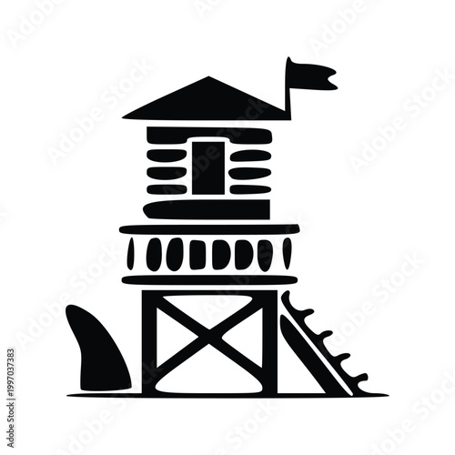 Black silhouette illustration of a classic wooden lifeguard tower with a flag and ladder, next to a shark fin.