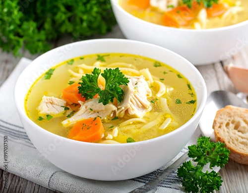 Close-up of two bowls of comforting soup, filled with cooked noodles, carrots, and shredded poultry in a light broth, garnished with fresh herbs
