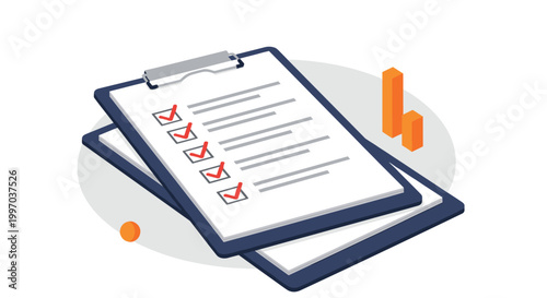 Clipboard with a checklist and checkmarks placed over bar charts represents business data analysis and report auditing processes.
