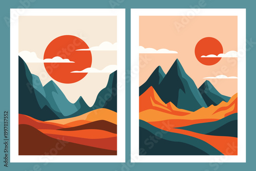 Minimalist vector diptych of sharp mountain peaks and rolling hills under a vibrant setting sun.