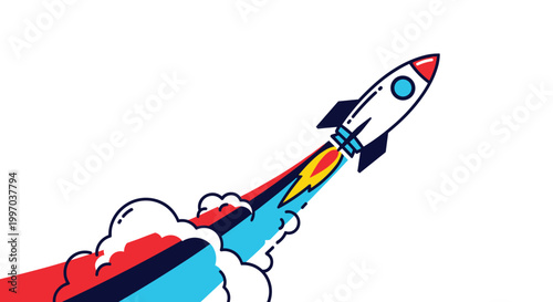 Space rocket launching with a colorful smoke trail represents business startup growth and successful project development.