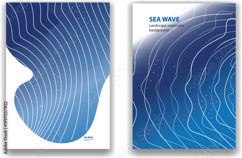 Tableau sur toile Set of two abstract blue wavy line art vector illustrations with abstract