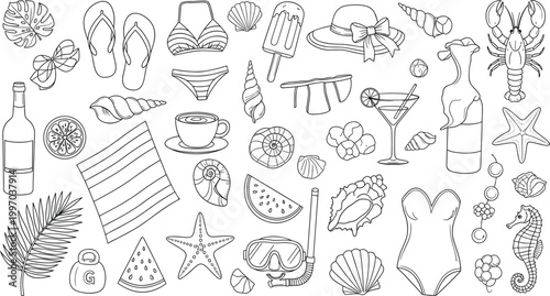 Summer Beach Vacation Icon Set Featuring Swimwear, Sea Shells, Tropical Drinks, Sunglasses, Starfish, and Holiday Travel Elements for Seasonal Vector Design Projects