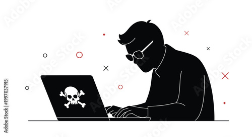 Silhouette of a hacker using a laptop with a skull and crossbones icon representing cybercrime and data security threats.